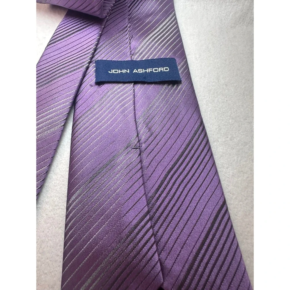 John Ashford Mens Purple Grey Striped Silk Tie Stain Resistant‎ Handmade Necktie